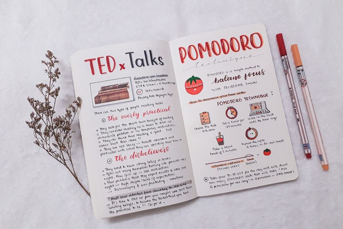 Cuaderno abierto con una planificación del método Pomodoro y bolígrafos